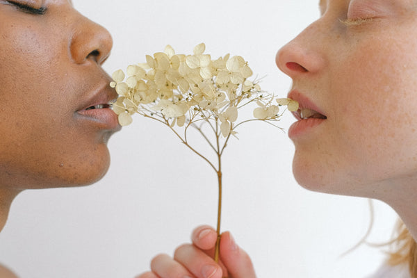 Duas mulheres, de frente uma para outra, ambas encostando a boca em uma flor.